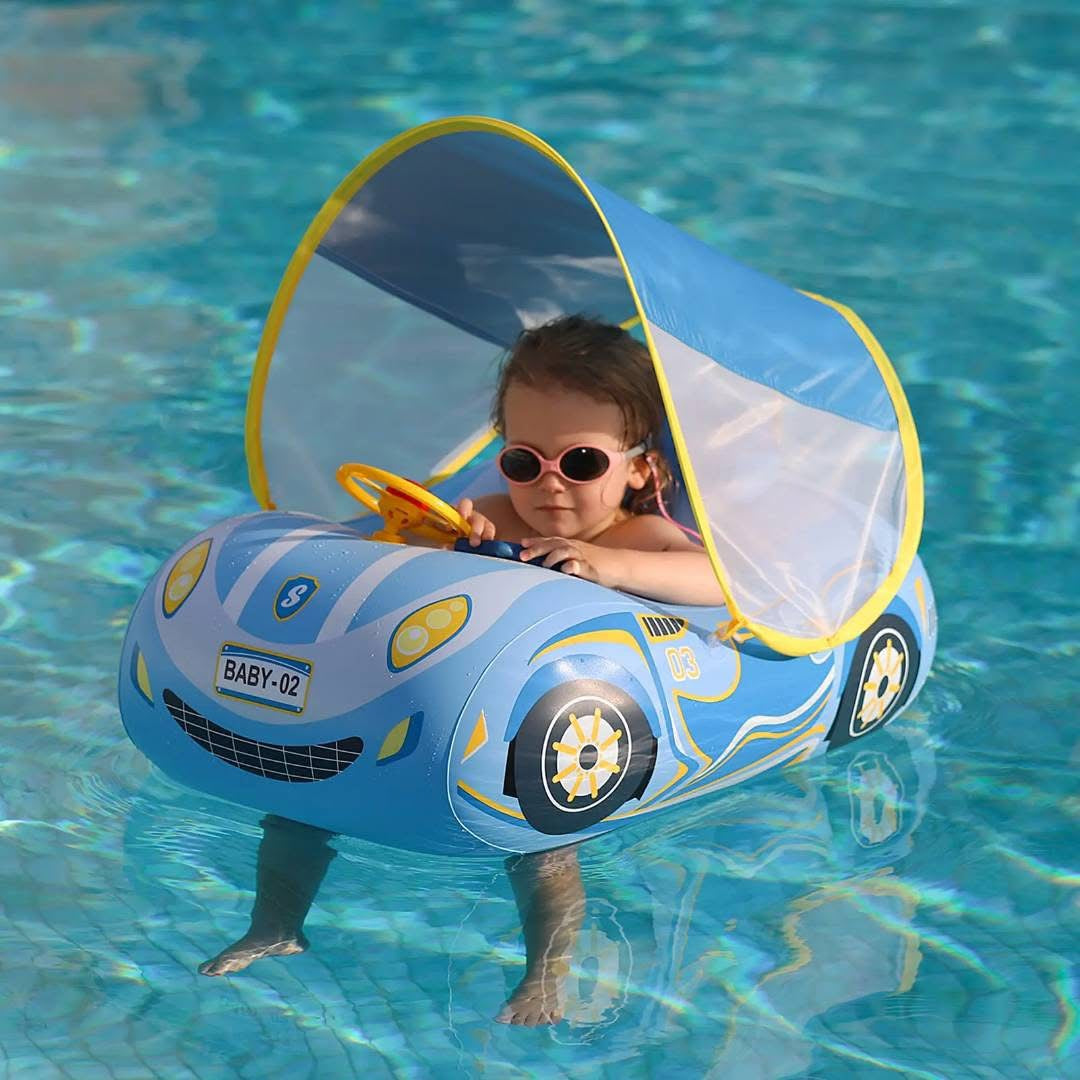 “Bouée Voiture Bébé avec Pare-Soleil – Sécurité et Fun dans l’Eau !”