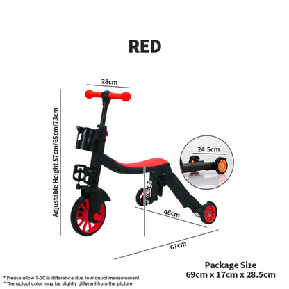 Trottinette + vélo + tricycle multifonction 3 en 1, réglable, avec poignée à pousser, pour enfants (garçons et filles)